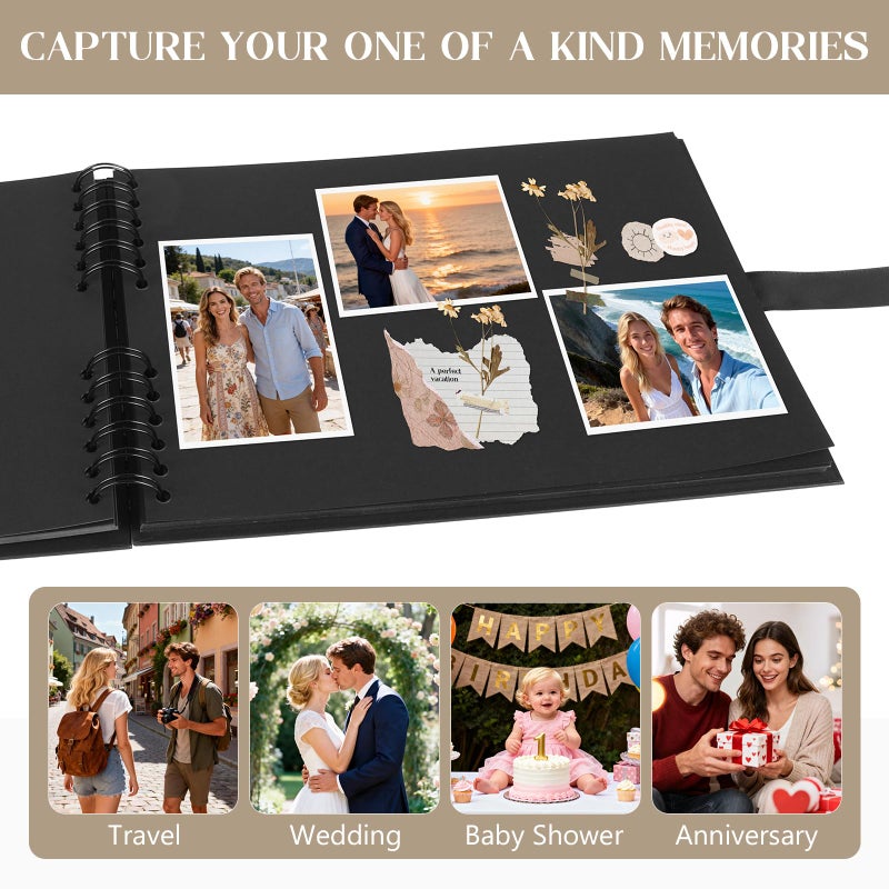 INNOCHEER Photo Album - Self Adhesive 80 Black Pages, Large Scrapbook Wedding Guest Book for DIY Anniversary Travel Memory Scrapbooking (Black 8X12) - Image 5